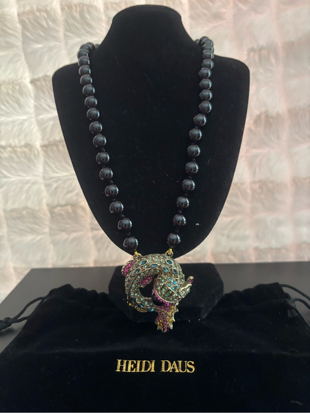 Heidi Daus Black Bead Necklace with Jeweled Koi Fish Pendant